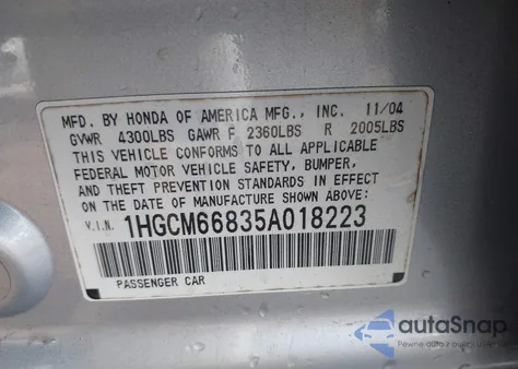 2005 Honda Accord 3.0 Ex из США, поврежденный, VIN 1HGCM66835A018223